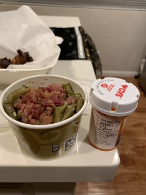 Green beans with bacon $6.  I used a pill bottle to reference size.