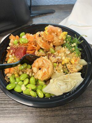 Shrimp, edamame, seaweed salad,  crab salad, artichoke.