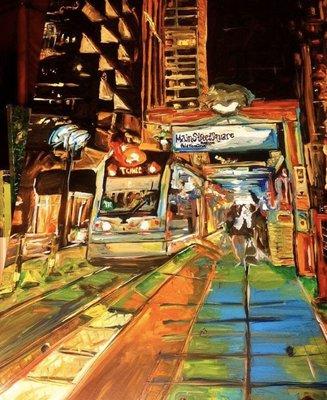 An acrylic painting of a city metro rail downtown Houston, Texas, Main Street.