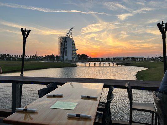 Outdoor seating area. Sunset.