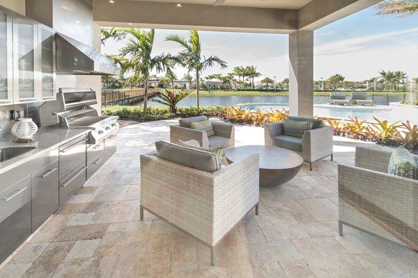 California Room, outdoor kitchen, with natural travertine stone flooring