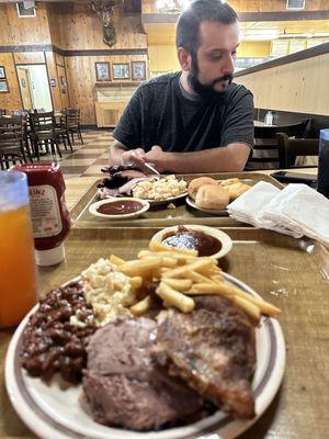 Shoulder, chicken, baked beans and fries