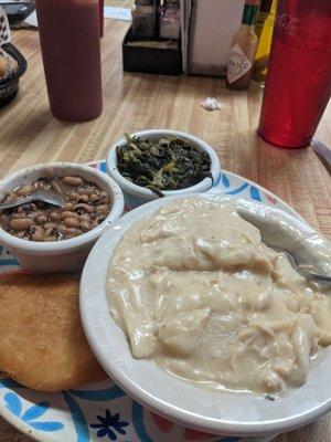 Chicken and Dumplings, boiled water cornbread, turnips and black-eyed peas!