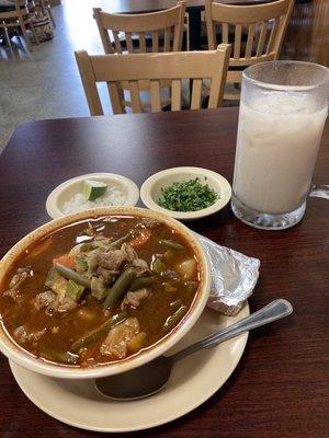 Caldo de Res (beef soup) Horchata (rice drink)