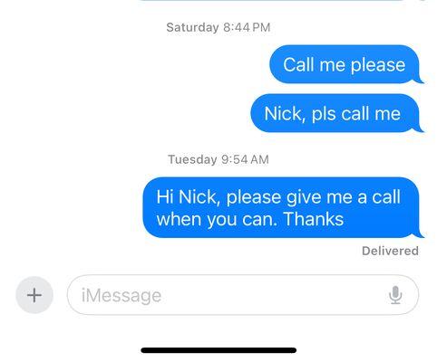 My text messages to Nick the owner