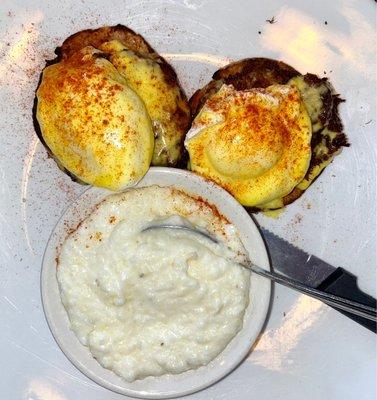 Crab cake Eggs Benedict; side of Grits