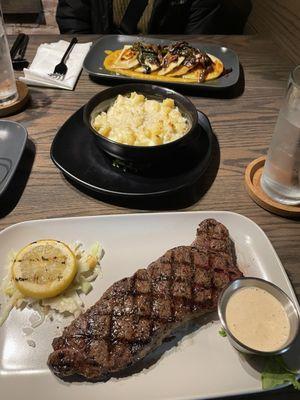 New York Strip, White Cheddar Mac, Pierogies