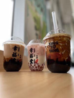 Boba milk tea, strawberry milk tea, brown sugar boba milk