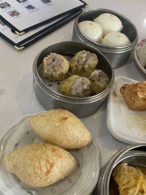 Golden egg bun, pork shu mai, fried shrimp pork dumplings