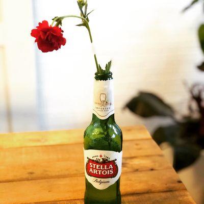 Don't toss that empty bottle of beer! Recycle it into a flower vase! Simple but oh so cute!