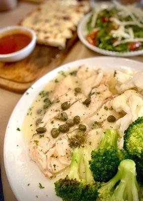 Piccata Chicken, Cheesy Garlic Flatbread and Arugula/Tomato Salad