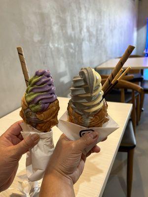 Ube + matcha soft serve. Black sesame + mango soft serve.