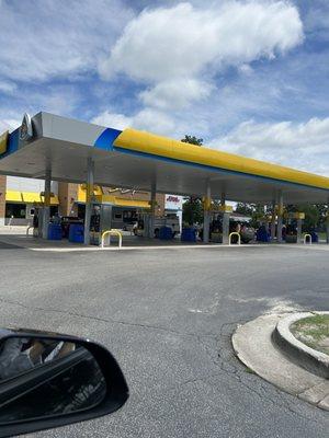 Gas station in front.