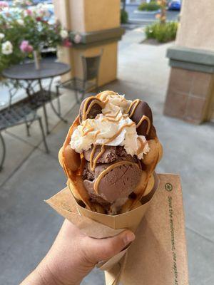 Peanut butter bubble waffle with chocolate ice cream