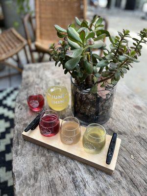 taster flight (blueberry lemonade, grapefruit paloma, pineapple orange), full pour (chili mango)