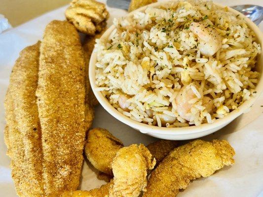 Fried Catfish, Jumbo Fried Shrimp, and Shrimp Fried Rice. All very delicious!