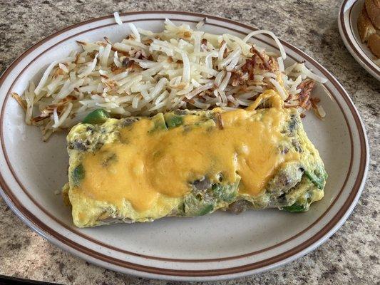 Avocado Mushroom Cheese Omelet with Hashbrowns