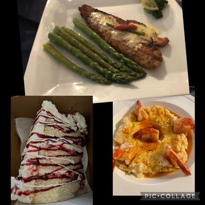 Shrimp & Grits, Blackened Red Fish, White Chocolate Rapsberry Cake