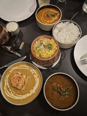 Chana Masala, Anjeer Kofta, Chicken Biryani, and Smoked Butter Chicken