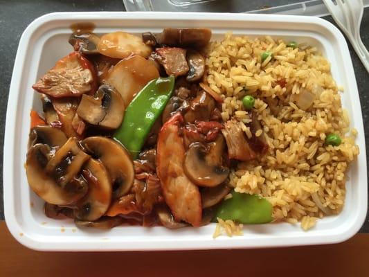 take out - roast pork w/ mushroom, fried rice, and an egg roll.