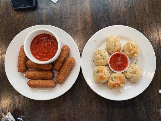 Mozzarella sticks and garlic knots.