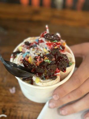 Delicious! Cinnamon Toast Crunch ice cream with strawberry syrup, Fruity Pebbles and Oreo cookies