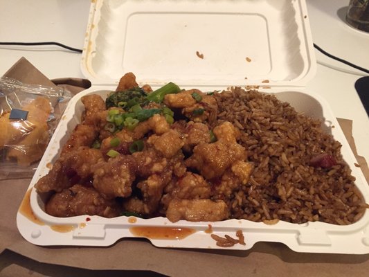 General Gao rice plate with fried rice substitute (fortune cookie for scale)