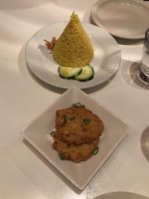 Nasi Kuning (yellow coconut rice)- $4 Bakwan Jagung (corn fritters)- $4.5