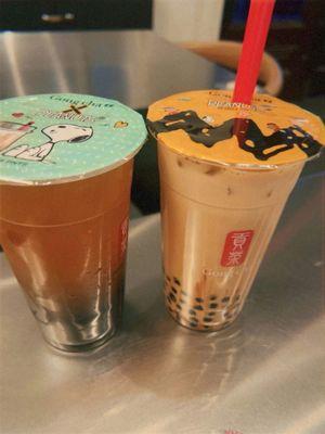 (Left) Lychee green tea w/ boba, (right) dirty brown sugar latte w/ boba.