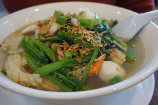 Seafood egg noodle soup