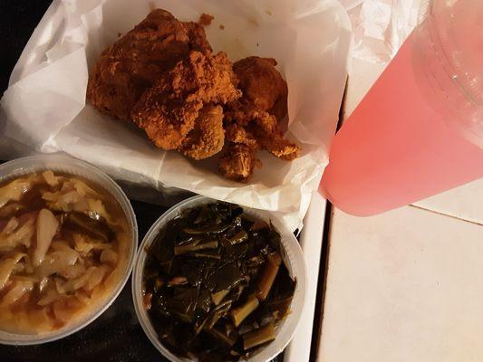 Fried chicken, cabbage, collards, punch.