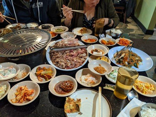 Charcoal grill for the meats (left) and japchae (right)