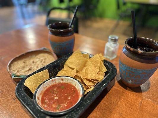 Chips, salsa and bean dip