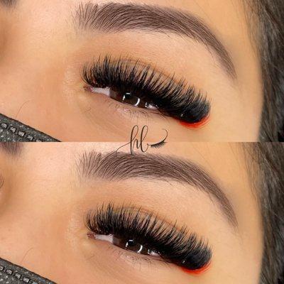 Volume lashes with red accent