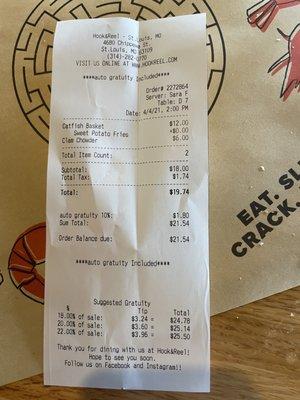 Receipt with incorrect totals at bottom for suggested tip amounts, adding ON TOP of the automatic 10% tip (of which I also do not approve).