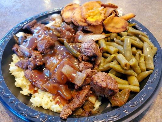 Beef Tips over Rice with Gravy, Fried Squash and Green Beans. Never disappoints and always delectable!