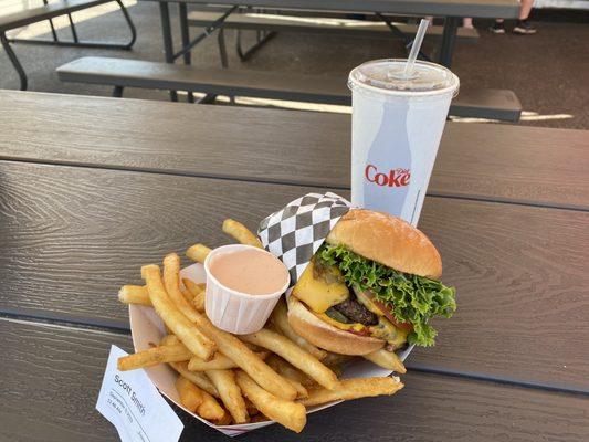 Big deluxe burger, french fries with fry sauce, and a Coke!