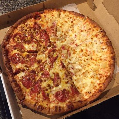 Half pineapple, half pepperoni pizza we picked up from Baco's last night. It was delicious!