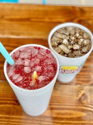 The R&R (water, rasp purée, fresh lemon and lime) with added fresh raspberries, and The Quencher (DP + Coconut)