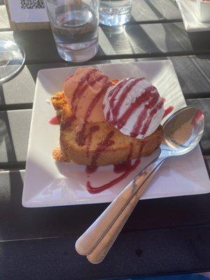 Fried pound cake with vanilla ice cream and orange sorbet with raspberry drizzle.