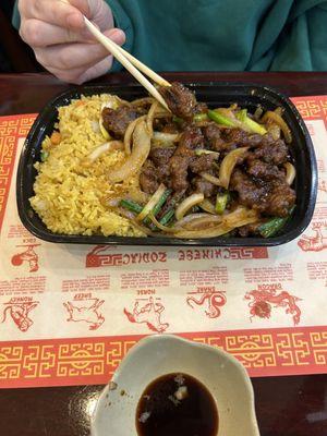 Mongolian beef, fried rice