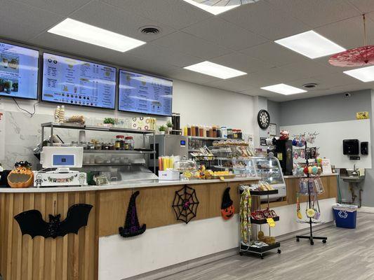 front counter with Halloween decorations