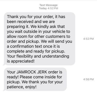 Screen shot of communication received after order and when order was ready for pick up.