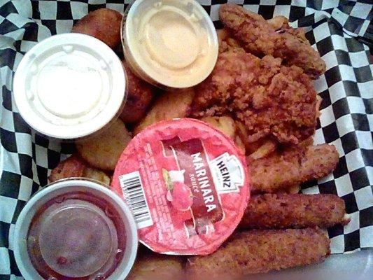 Sampler w/ Mozzarella Sticks, Mini Corndogs, Chicken Tenders, French Fries and Fried Pickles (Everything was good. LOVED the fried pickles)