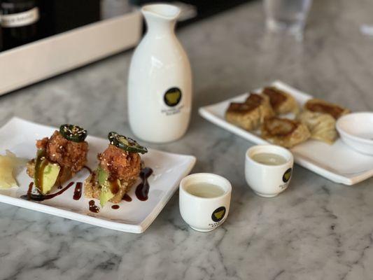 Crispy Rice with Spicy Tuna and Gyoza