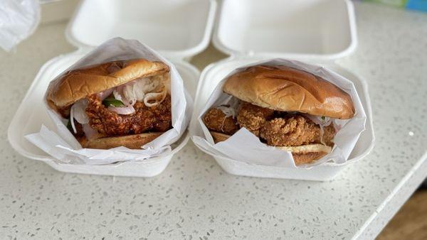 SEOUL SPICY CHICKEN SANDWICH (Left) HOLDAAK ORIGINAL CHICKEN SANDWICH WITH DAIKON SLAW (Right)