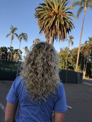 Natural Curls with blonde locks and a base with depth