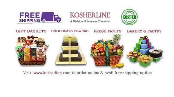 Kosherline categories gift baskets, chocolate towers, fresh fruits, bakery and pastry... freeshipping on all orders