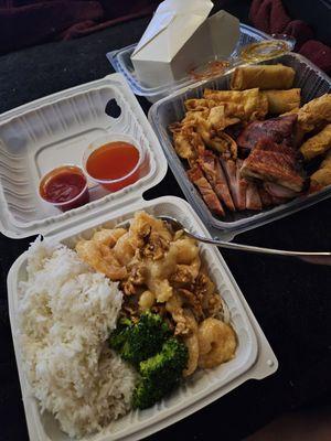 3/12/2024 - honey walnut shrimp w/ broccoli & rice + Po-Po Plater - BBQ pork, crab wontons, fried shrimp, fried Spring rolls & ribs.