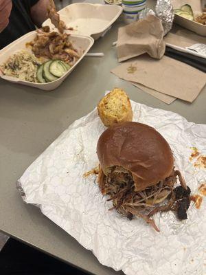 Cornbread, pulled pork sandwich, pulled pork plate